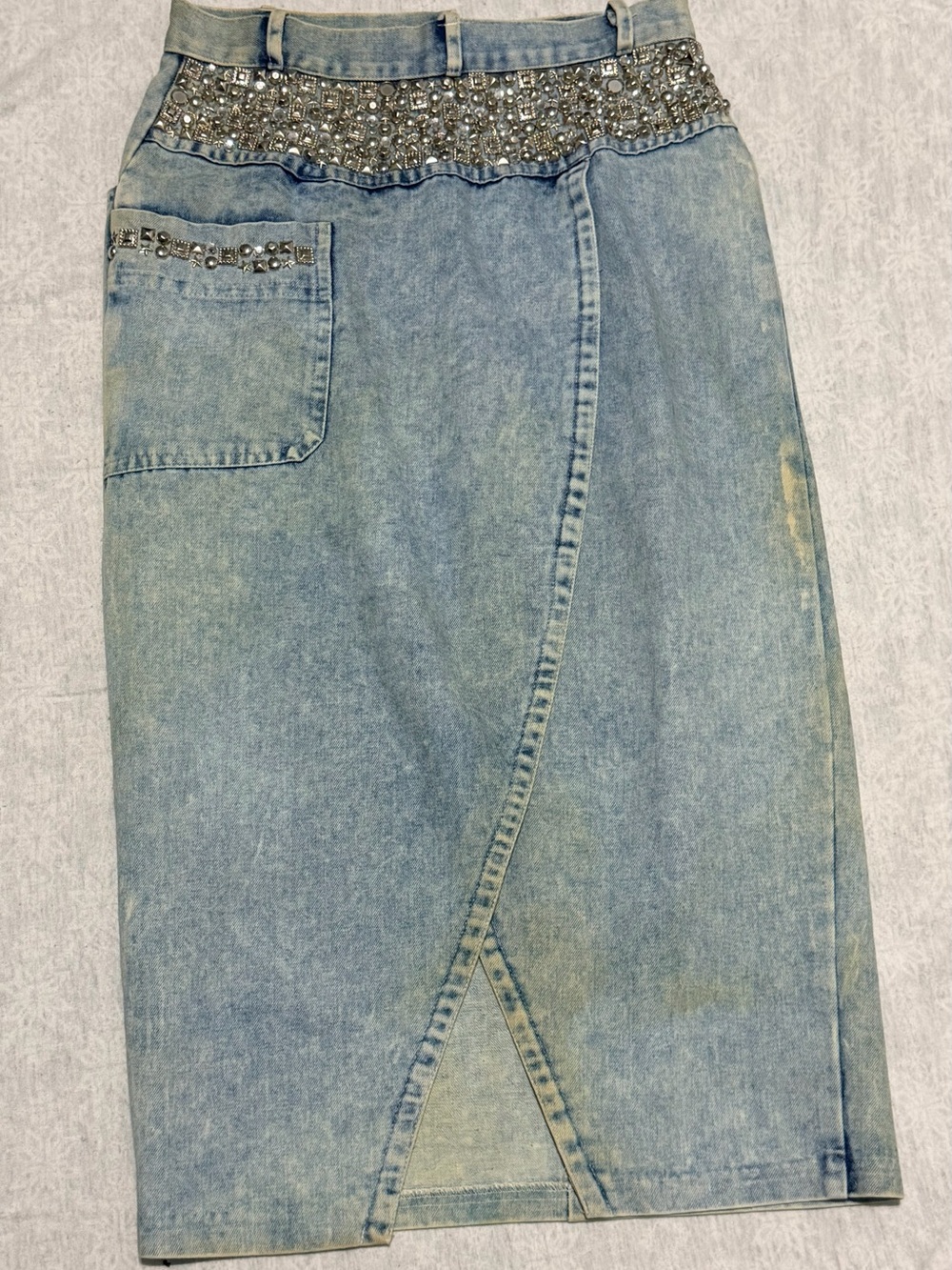 Vintage Tentazione Lidia Ralston Denim Skirt Rhinestone Studded Acid Wash 80s 90